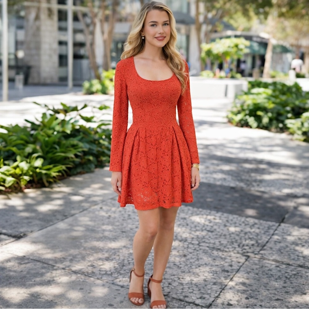 Free People Coral Orange Lace Fit & Flare Mini Dress Long Sleeve XS